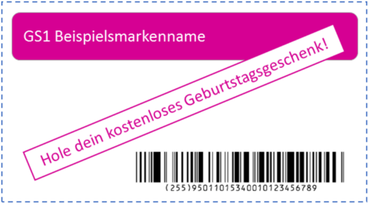 Pinker Gutschein für ein kostenloses Geburtstagsgeschenk trägt Strichcode mit Global Coupon Number GCN