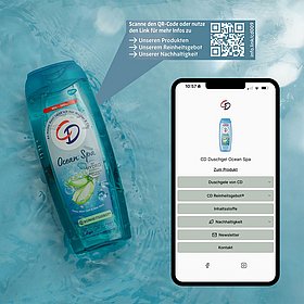 CD Duschgel mit QR-Code mit GS1 Digital Link der zuDigital Label von info.link führt Duschgel der Marke CD, ein 2D-Code mit GS1 Digital Link und auf einem Mobiltelefon das Ziel, nämlich ein individuelles Digital Label von info.link welches alle aktuell transparenten Informationen zum Duschgel aufführt