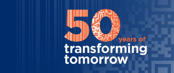 Key Visual des Barcode Jubiläums von GS1 zeigt Claim 50 years of transforming tomorrow