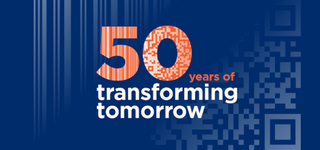 Key Visual des Barcode Scan Jubiläums von GS1 zeigt Claim 50 years of transforming tomorrow