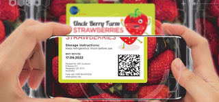 Foto von einer Verpackung Erdbeeren auf der der 2D Code gescannt wird. 