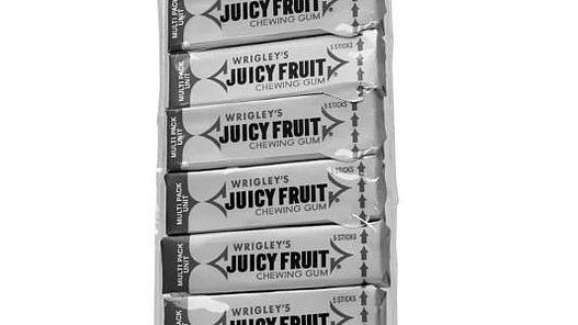 Zehnerpackung Wrigley‘s Kaugummis Juicy Fruit mit einem Barcode