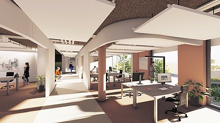 CAD-Zeichnung zeigt 4 Personen in neuen Büroräumlichkeiten für CoWorking 