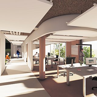 CAD-Zeichnung zeigt 4 Personen in neuen Büroräumlichkeiten für CoWorking 