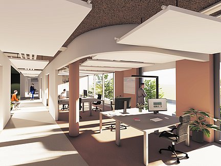 CAD-Zeichnung zeigt 4 Personen in neuen Büroräumlichkeiten für CoWorking 